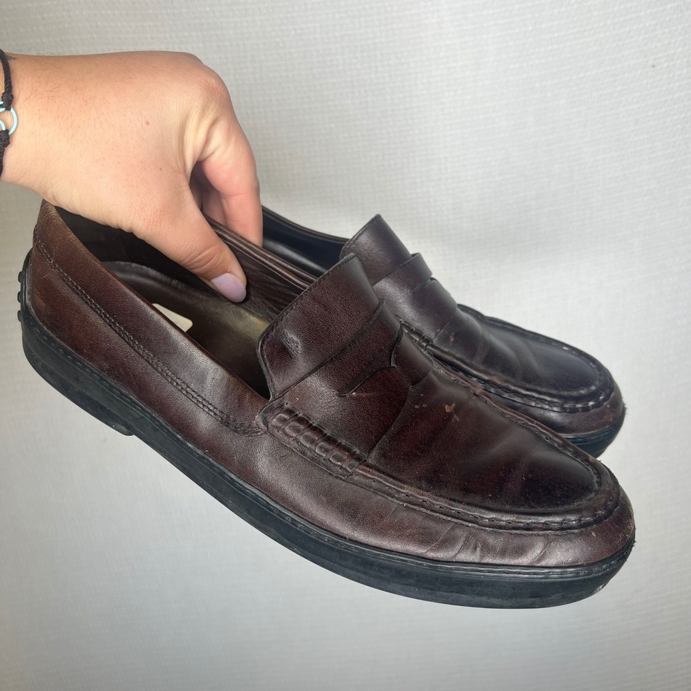 Tods Mens Brown Leather Penny Loafers Pebble Sole Made in Italy Size 9.5 LL65